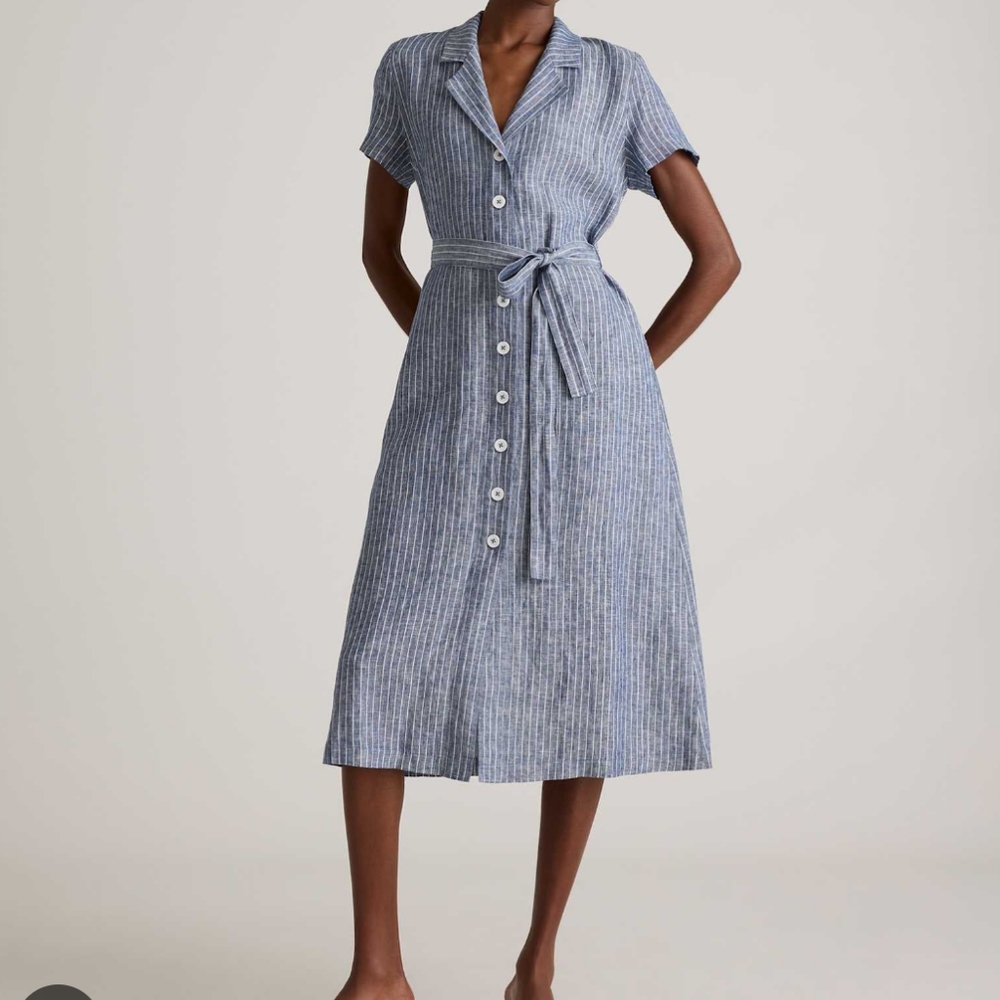 Quince White Blue Pin Stripe Small Button-Down Dress 100% Linen